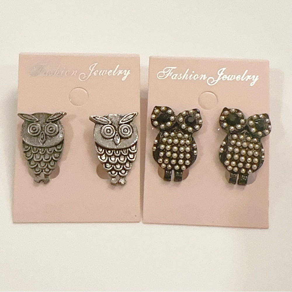 Korean 2 Pairs Bundle Vintage Owl Stud Earrings Metal/Pearls/Dark Rhinestones